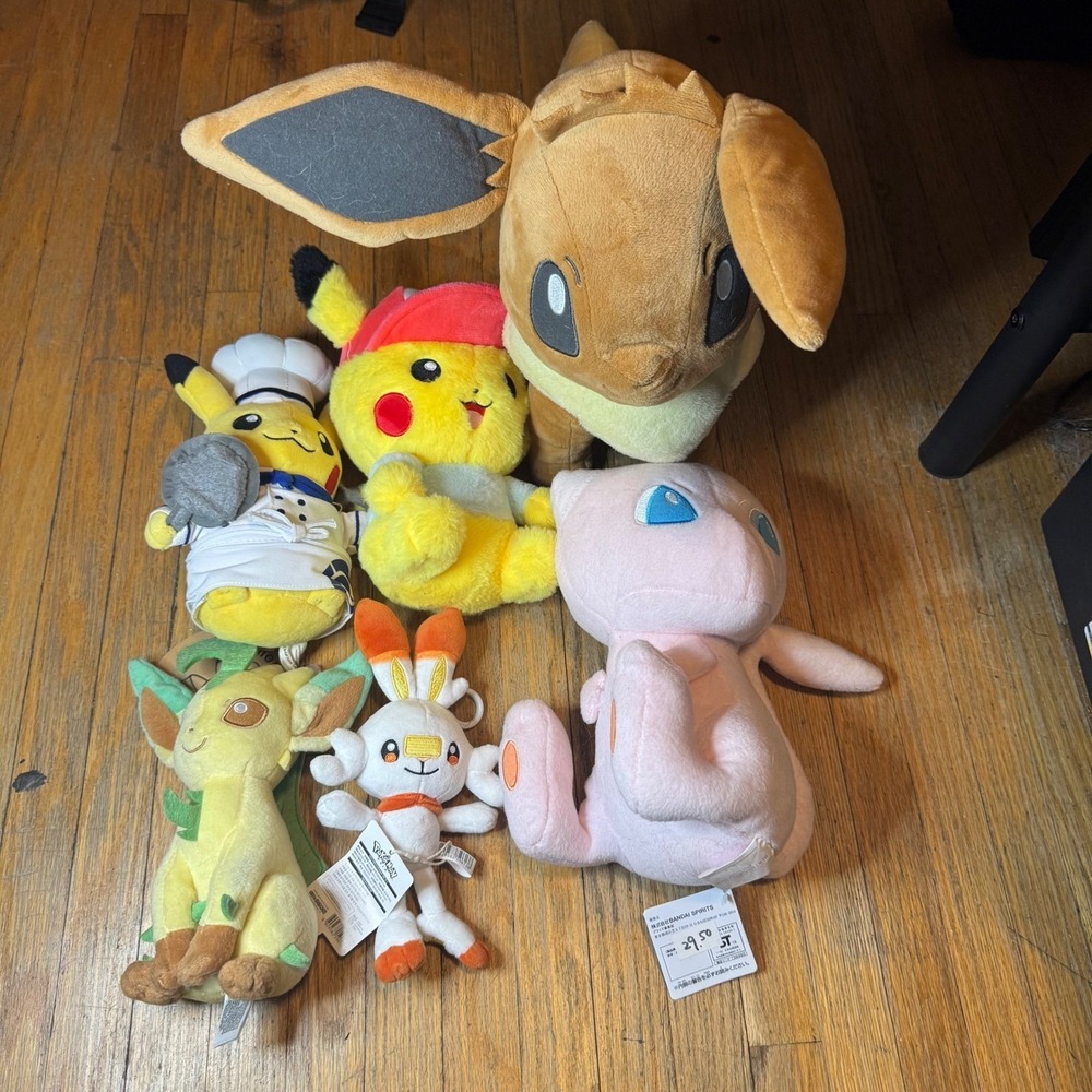Pokemon Plush Lot 6pc Pikachu Eevee Mew Leafeon Scorbunny Bandai Tomy Official